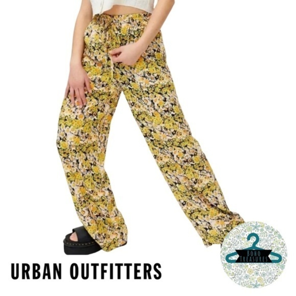 Urban Outfitters Yellow Floral Wide Leg Pants with Drawstring